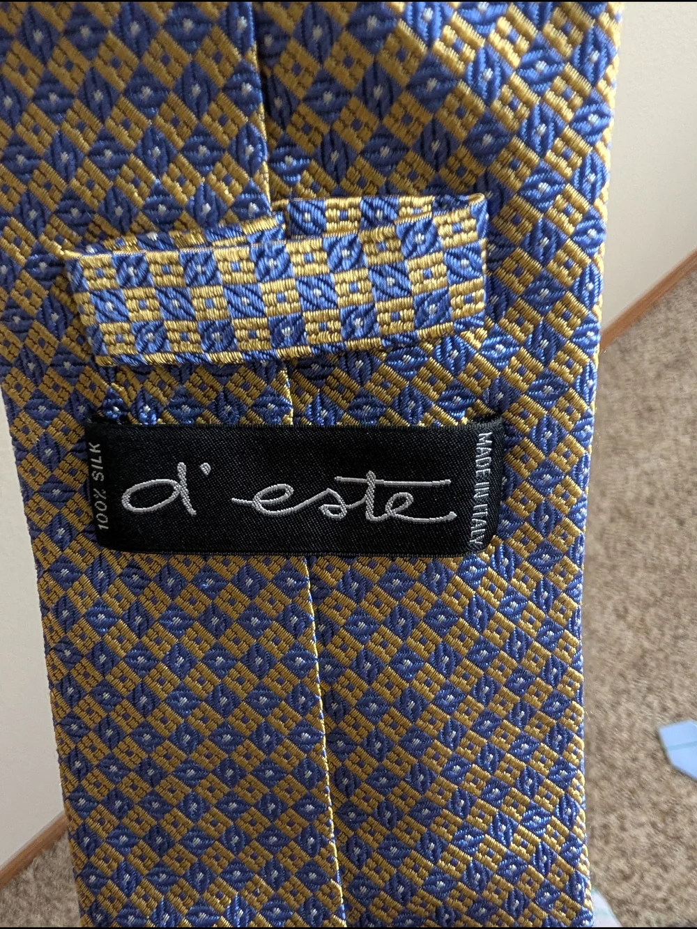 D'Este 100% Silk Tie Made‎ in Italy | Gold & Blue Geometric Jacquard